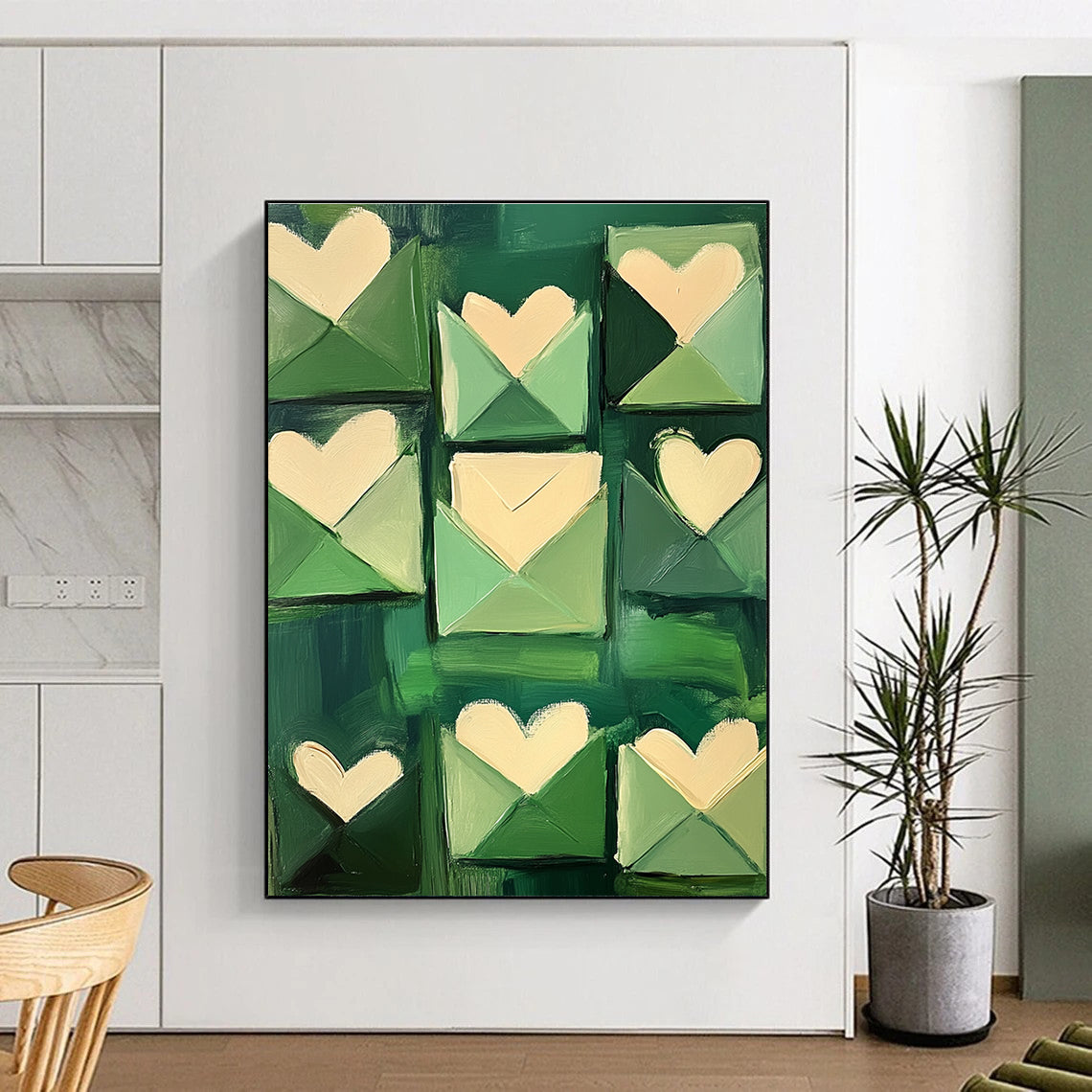 Abstract painting of green envelopes with love letters in shades of emerald and soft pink creating a romantic impressionist atmosphere.STSC1391