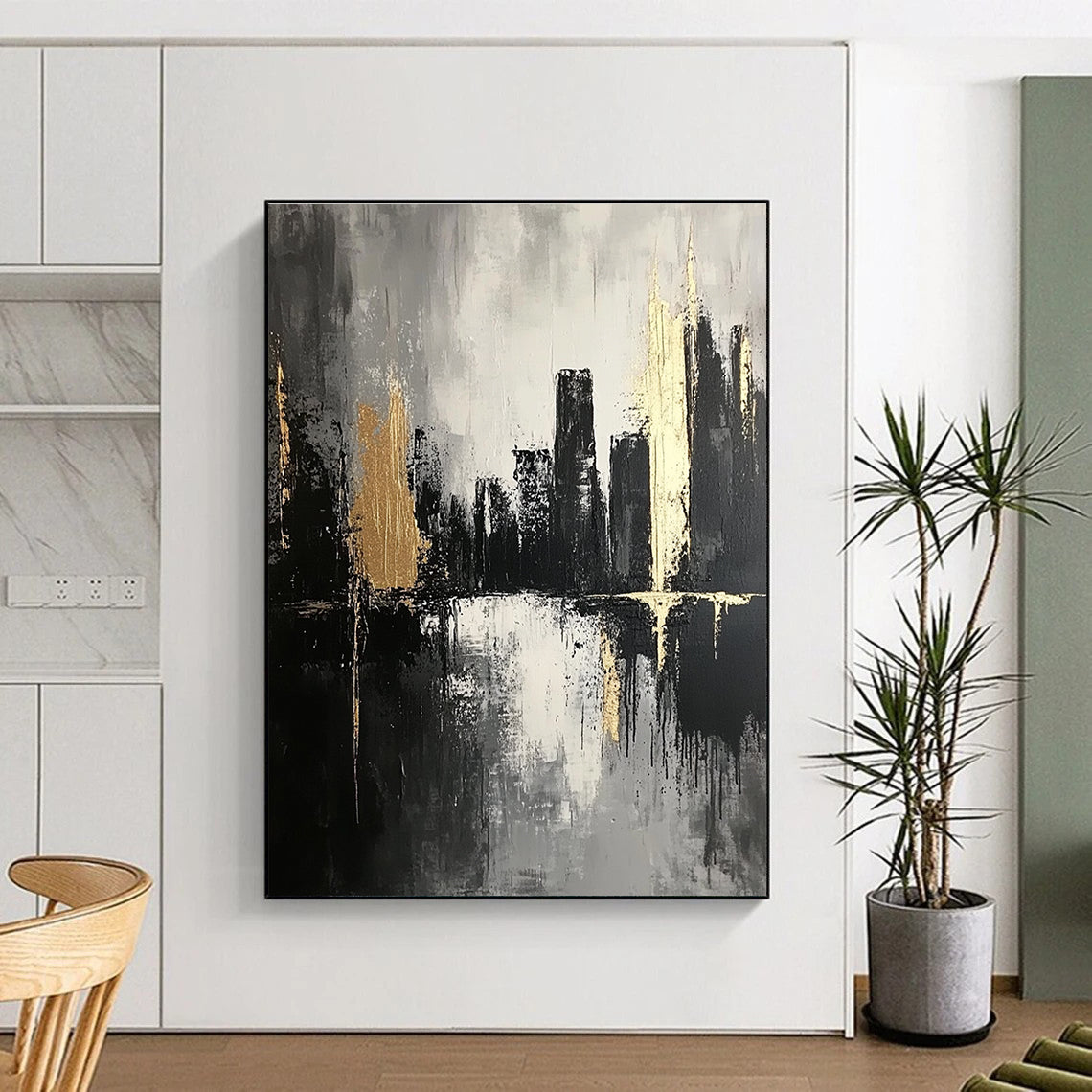 Large abstract painting featuring thick brush strokes in dark grays and subtle gold highlights creating an atmospheric monochromatic cityscape on canvas.STSC020