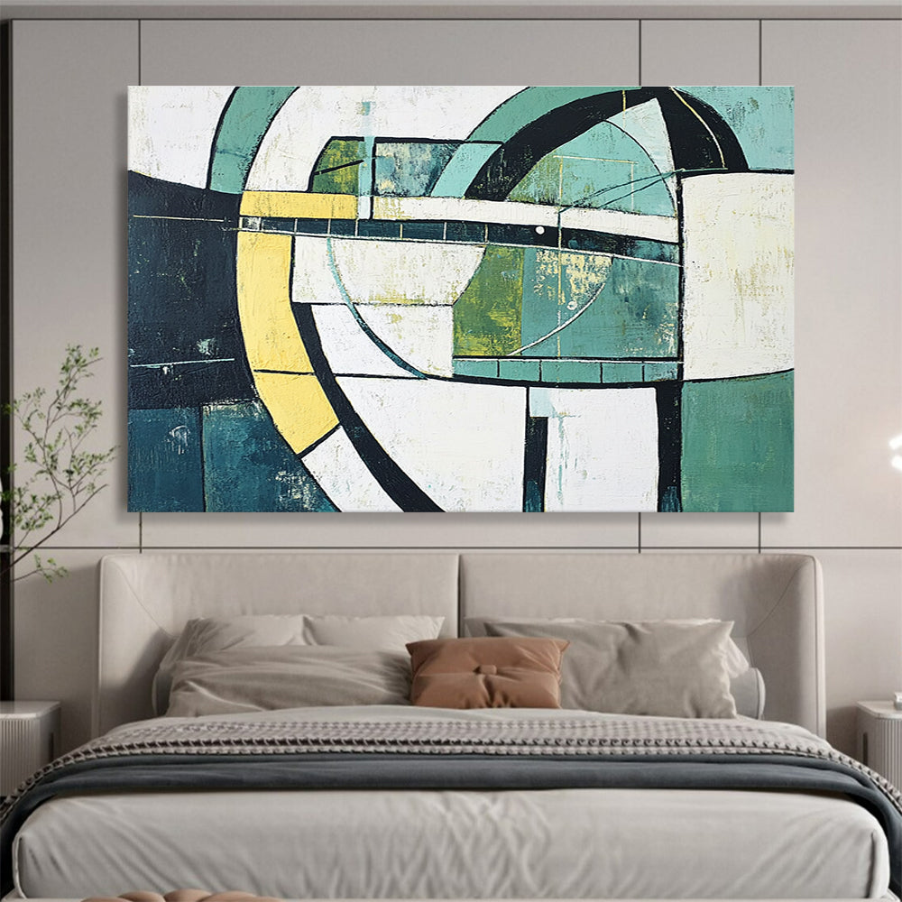 Geometric Green Abstract Painting with Circular and Rectangular Forms DYP411