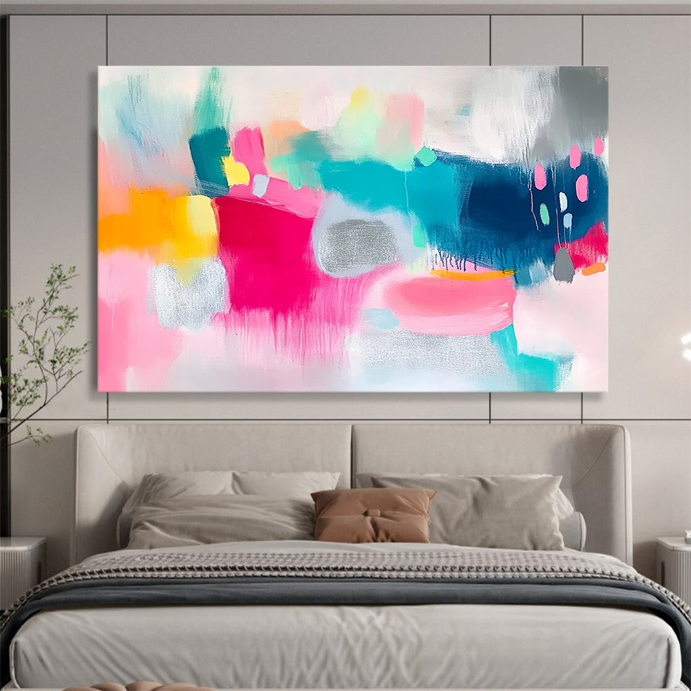 Large abstract painting featuring vibrant pink and teal shapes on a white background with bold brush strokes and shimmering silver foil accents.SC215
