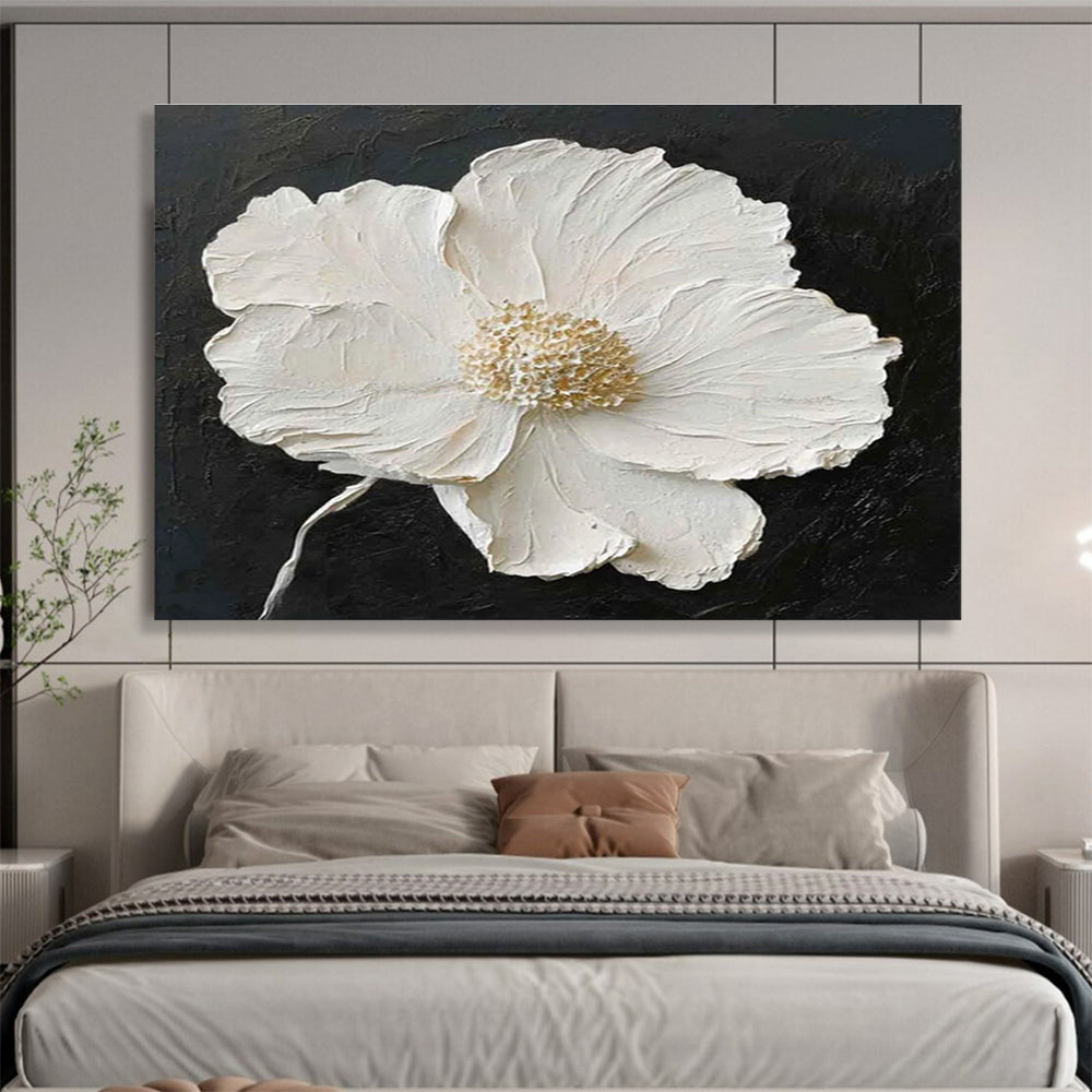 Textured White Flower on Black Background Abstract Painting THY090