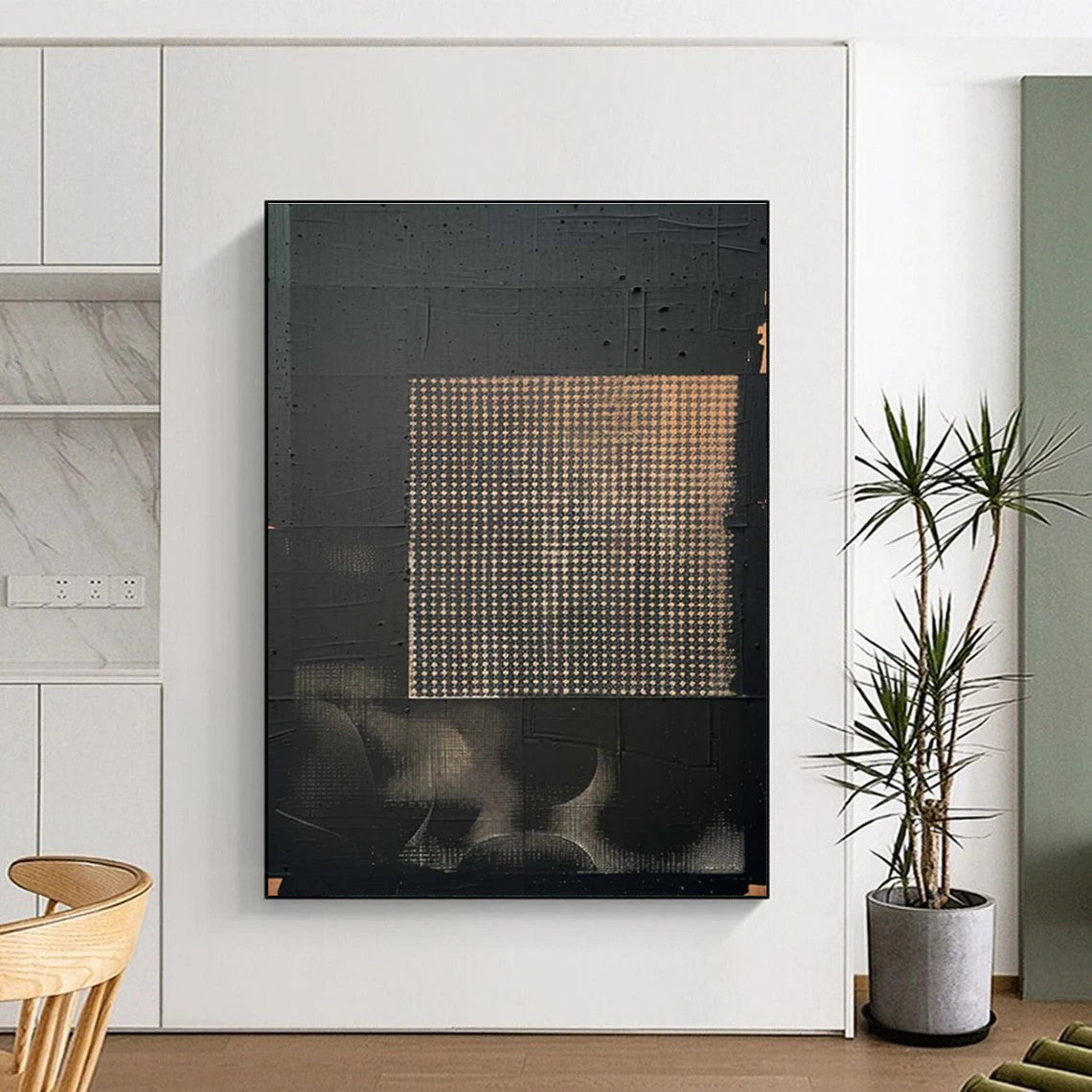 Black Abstract Painting with Grid Pattern and Beige Accents ADGE306