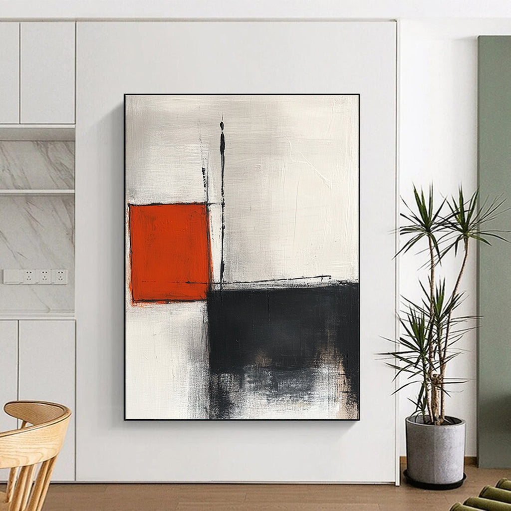 Large abstract painting featuring lines squares and soft edges in white grey black and red tones with minimalist elegance and high-resolution quality.STSC772