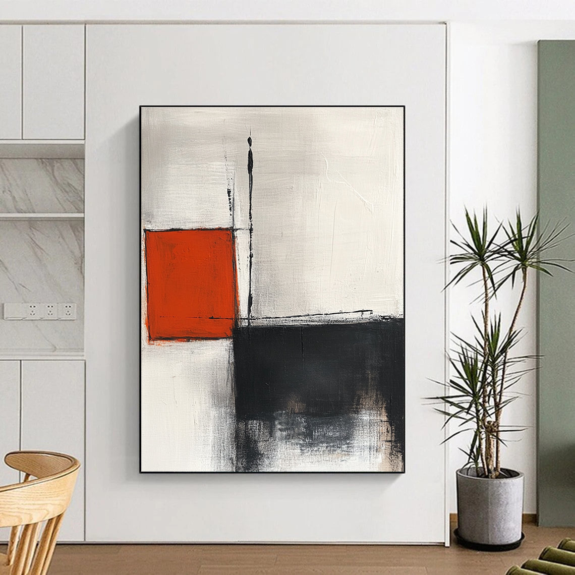 Large abstract painting featuring lines squares and soft edges in white grey black and red tones with minimalist elegance and high-resolution quality.STSC772