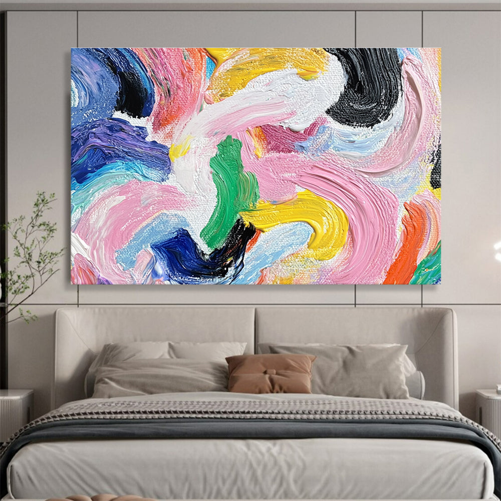 A large abstract painting with vibrant swirls of color and bold shapes, featuring a graceful silhouette of a woman with a high ponytail.SC436