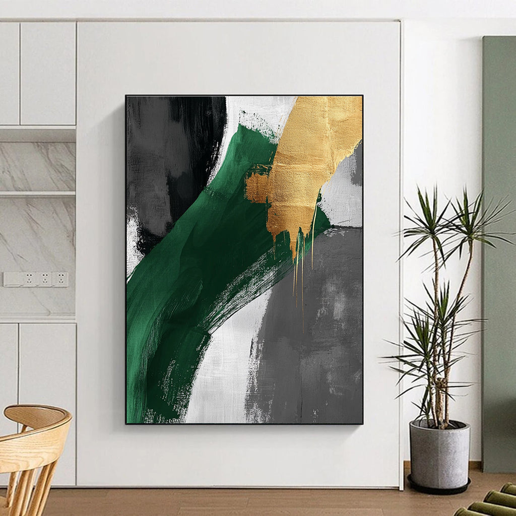 Green Gold Dynamic Strokes Abstract Painting GER850