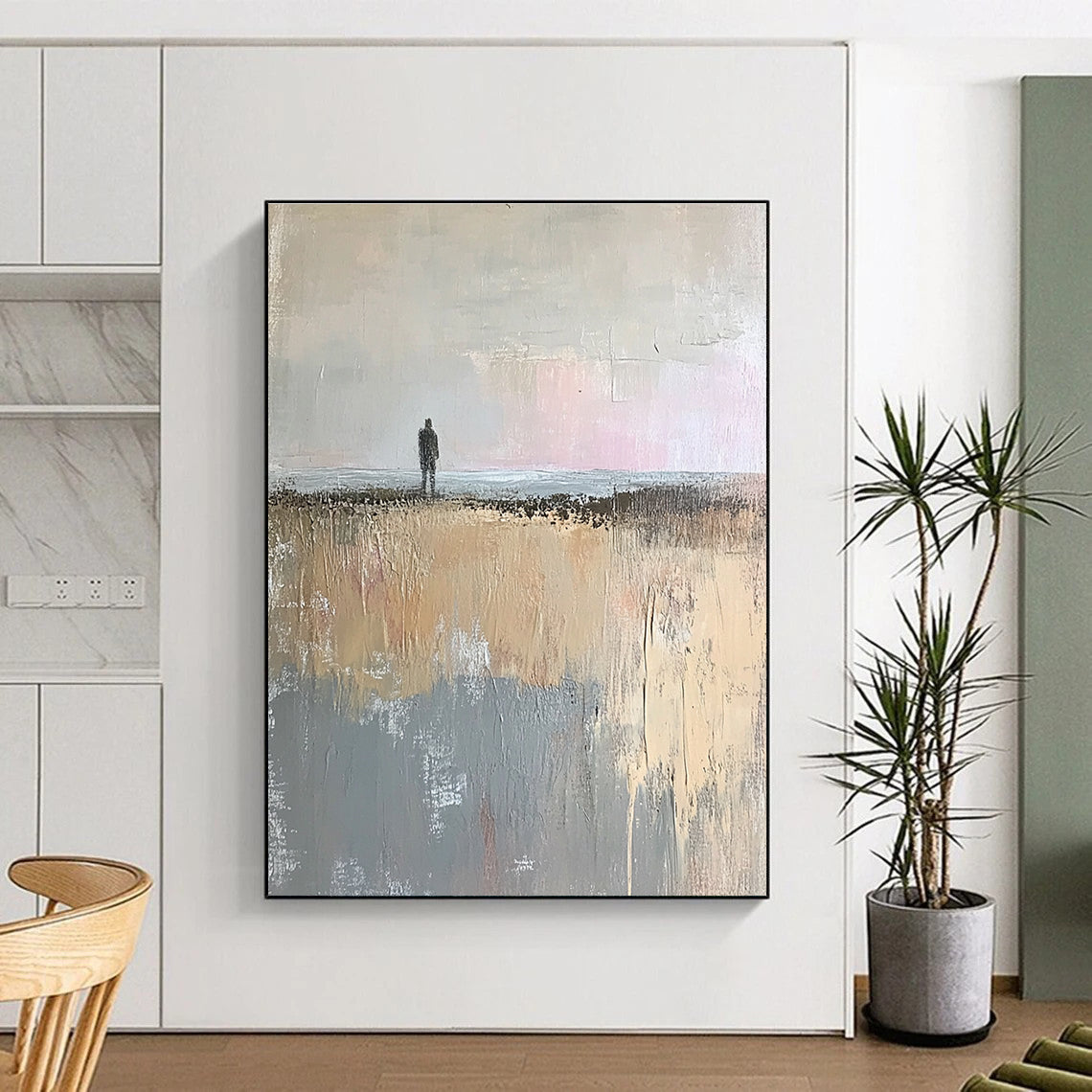 Large abstract painting in muted beige and gray tones showcasing a tranquil open field and distant sea horizon with soft brushstrokes.STSC101