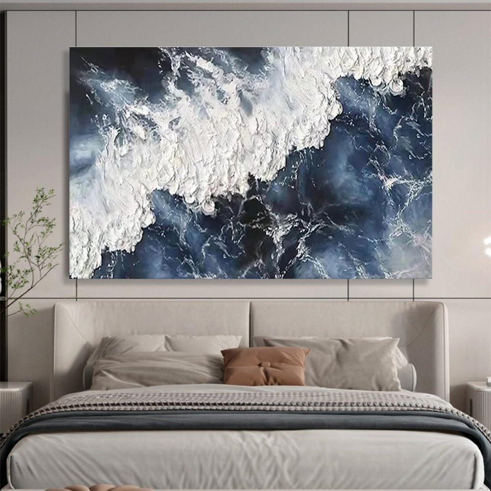 Dynamic Ocean Wave Abstract Painting with Bold Blue and White THY252