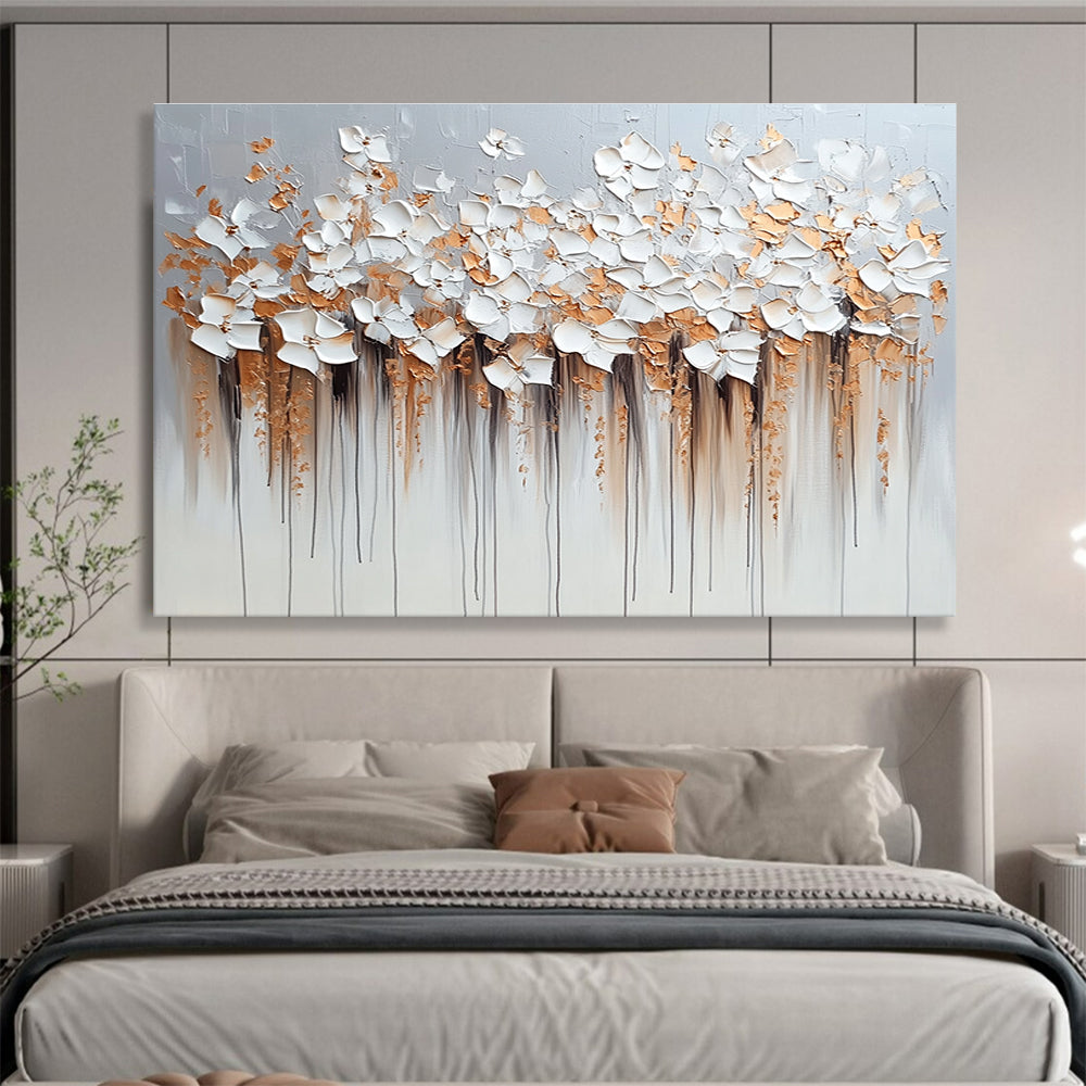 Large abstract painting with flowers in light gray and beige featuring dripped paint technique heavy impasto texture in silver and gold hues.SC294