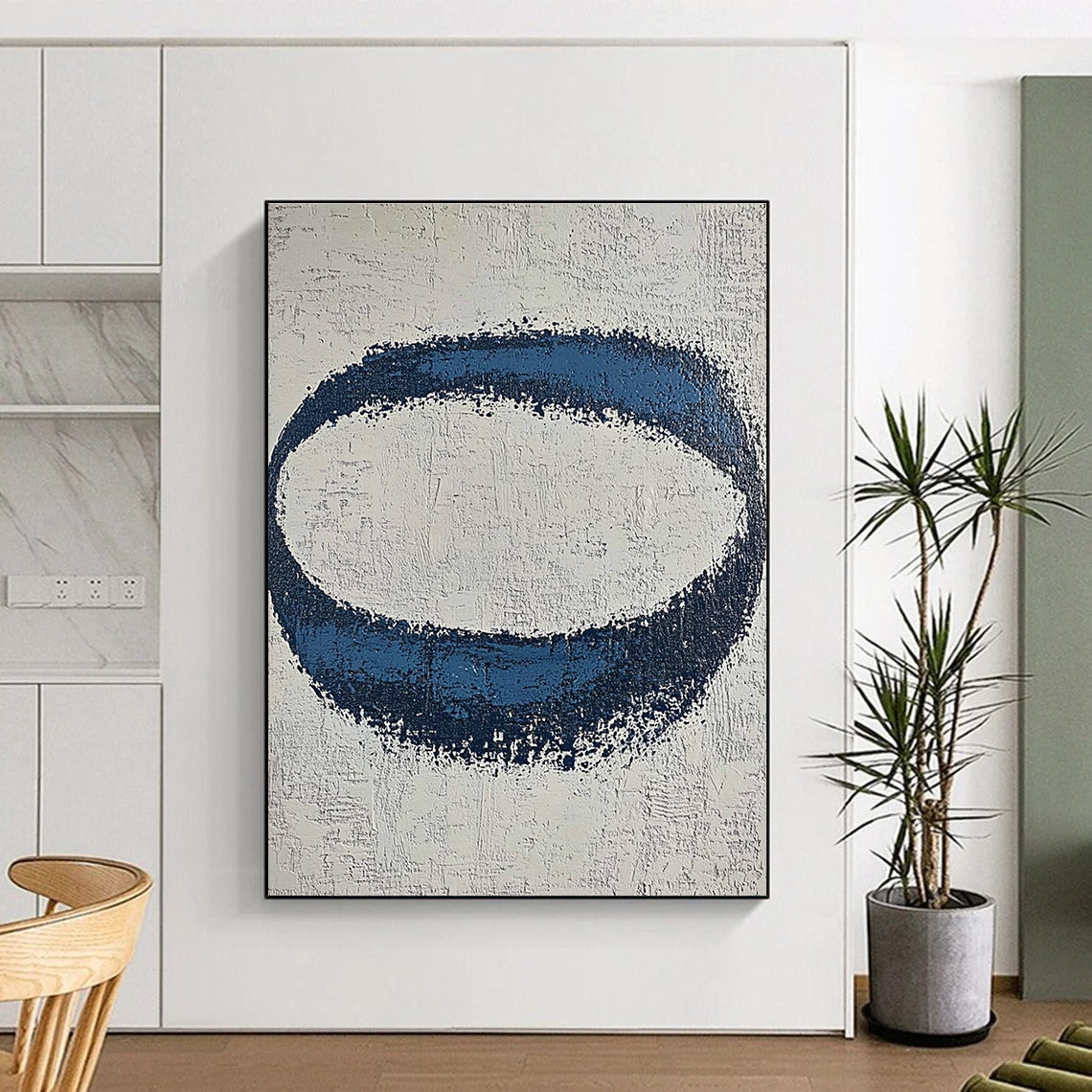 Blue Oval on Textured White Abstract Painting with Rough Edges GER024