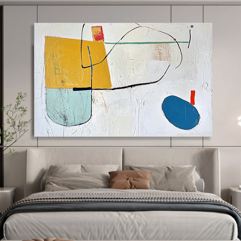 A large abstract painting featuring a yellow block, blue oval line, and colorful shapes on a textured white background.SC298