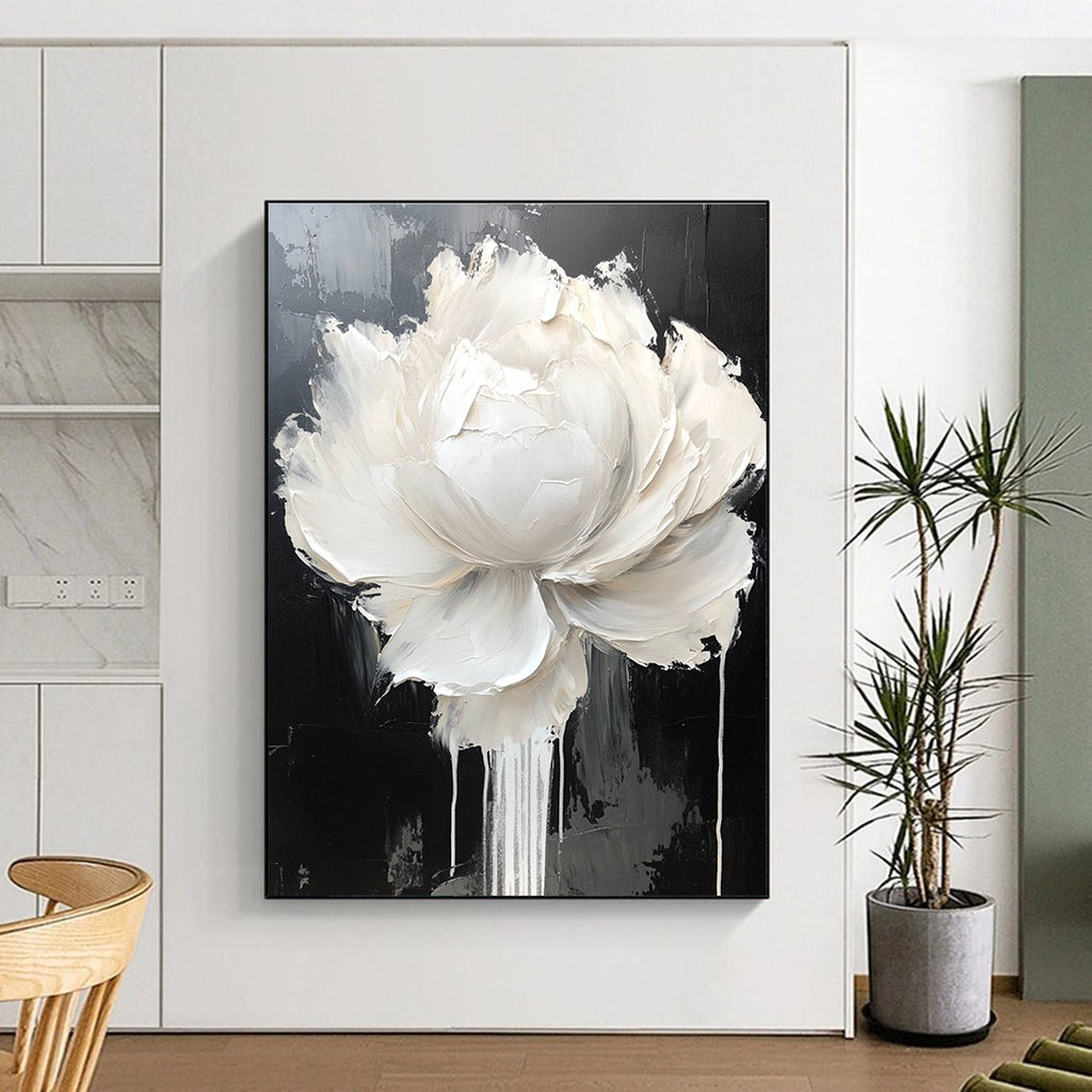 Large abstract painting featuring a white rose and peony with dripping petals on a black and gray background in neutral tones.STSC517
