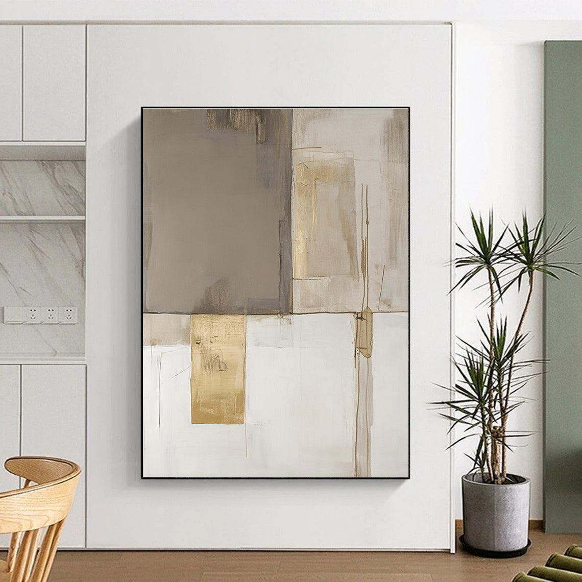 Large abstract painting in minimalist style featuring beige and white blocks with gold accents in soothing neutral tones.STSC245