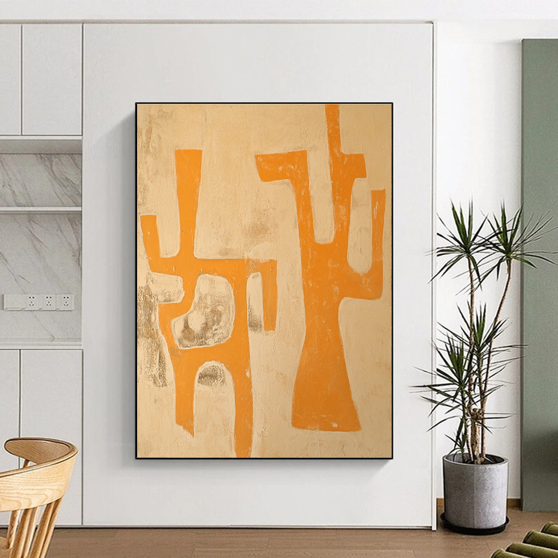 Large abstract painting featuring an animal in light orange and beige tones with primitive figures capturing Jean-Paul Riopelle's unique style.STSC1109
