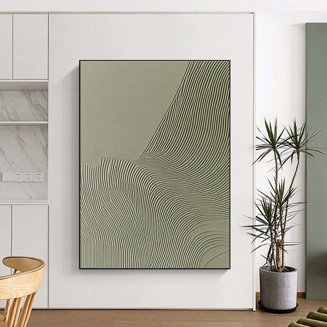 Abstract artwork featuring wavy lines on a gray background with organic shapes in beige and green evokes an elegant natural aesthetic for interior design.STSC998