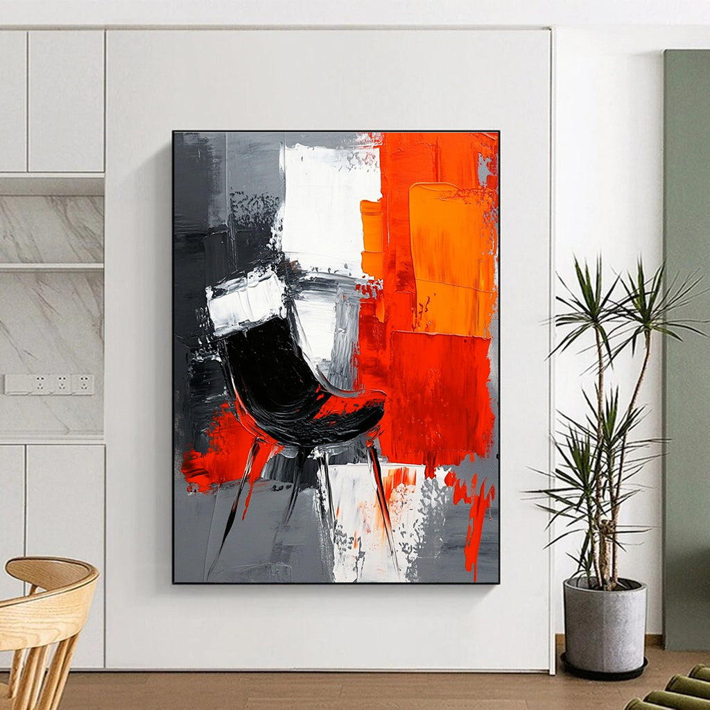 Large abstract painting with gray background featuring white and orange shapes and a contrasting black chair created with oil paint on textured paper.STSC226