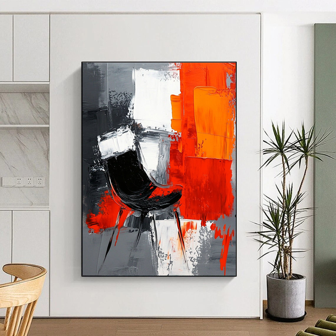 Large abstract painting with gray background featuring white and orange shapes and a contrasting black chair created with oil paint on textured paper.STSC226