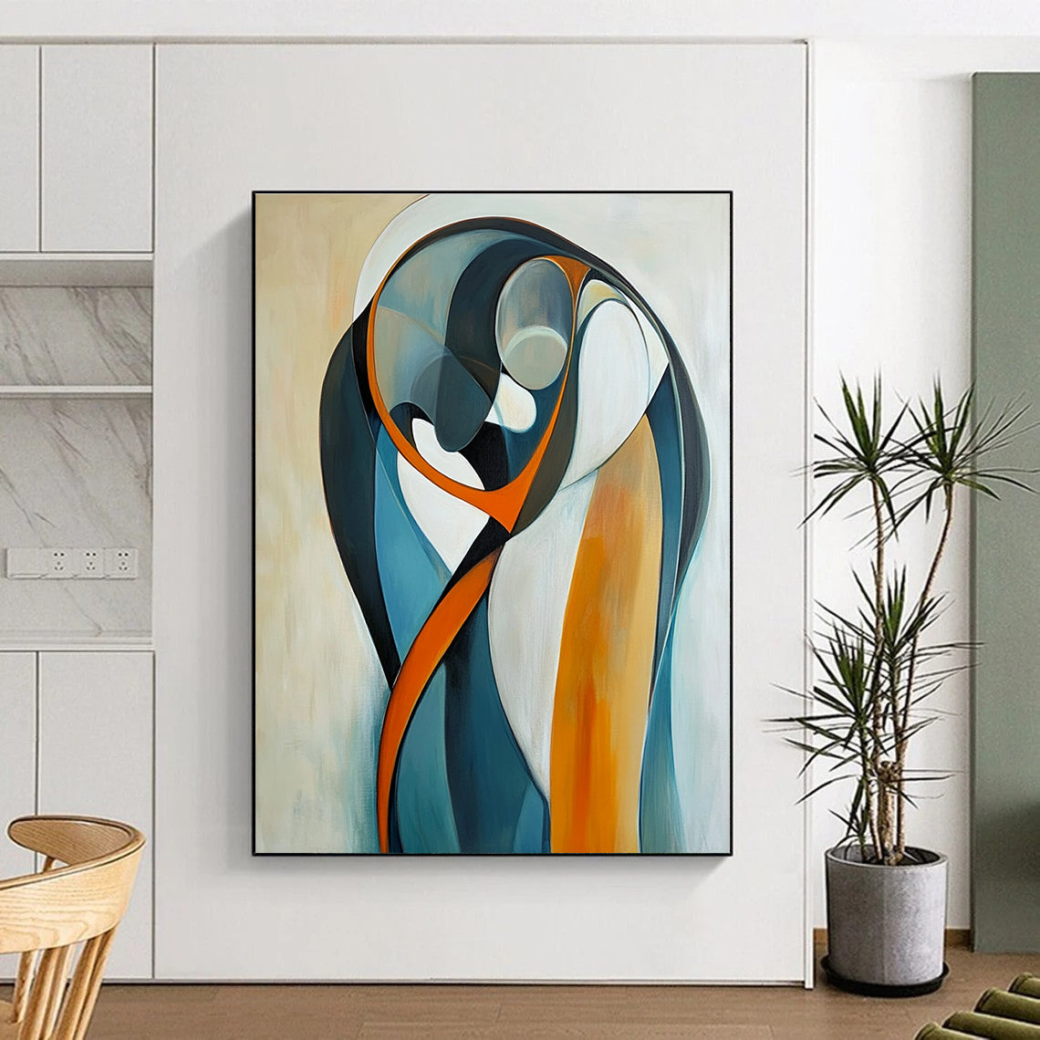 Large abstract painting of two figures embracing in curved lines and bold geometric shapes with a serene gradient background.STSC711