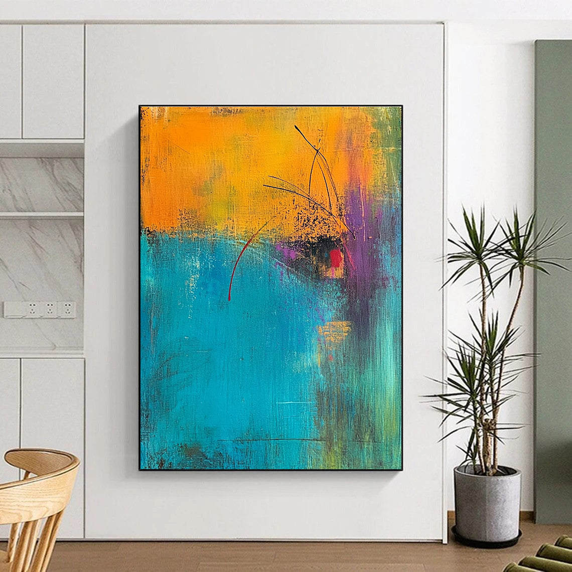 Abstract painting featuring a turquoise and amber background with magenta highlights and an orange foreground accented in yellow green and blue.STSC405
