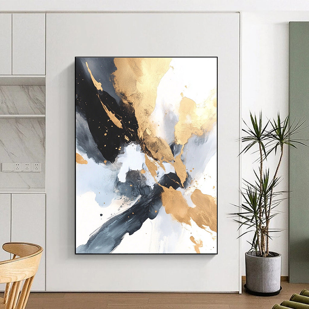 Gold Black Abstract Painting with Elegant Splashes GER736