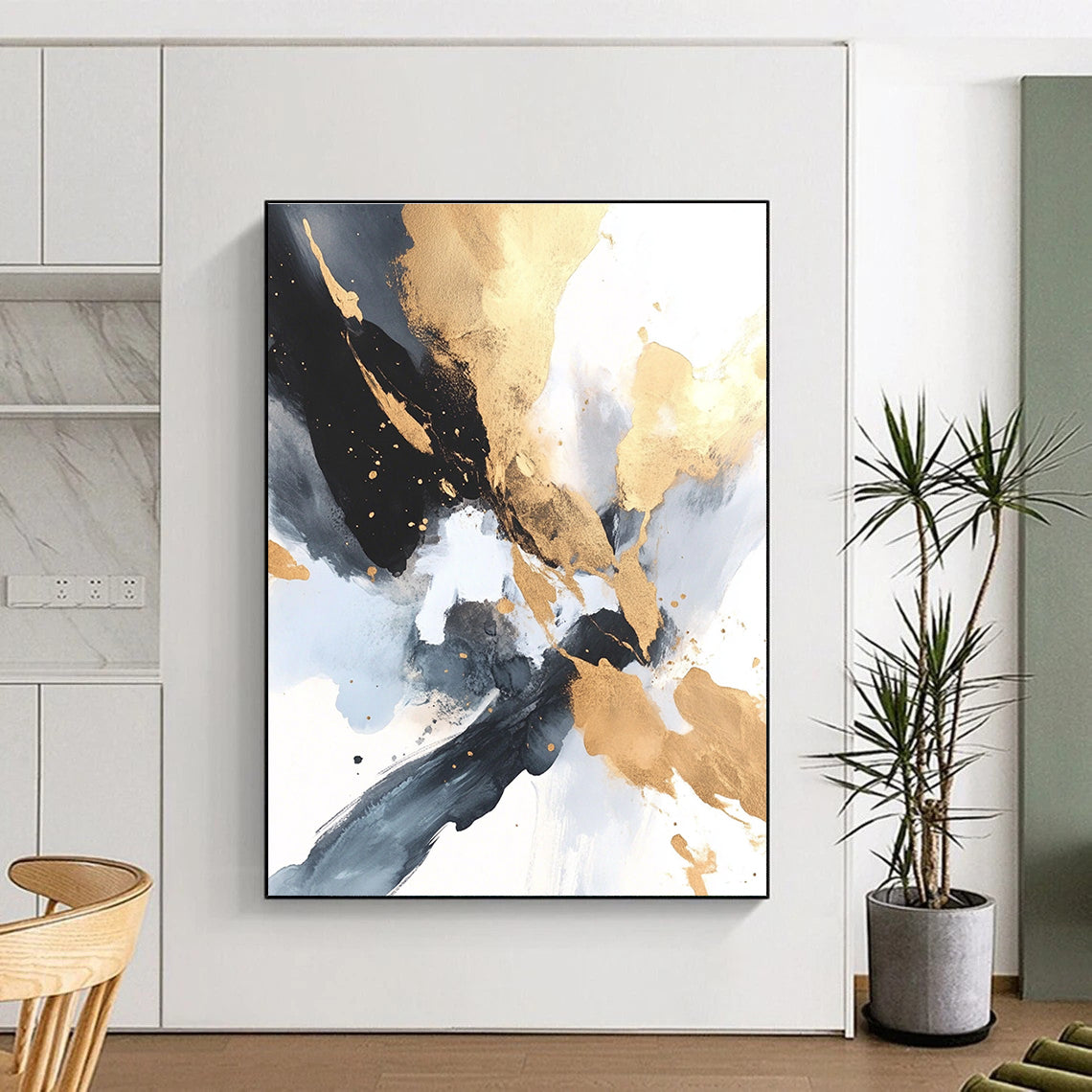 Gold Black Abstract Painting with Elegant Splashes GER736