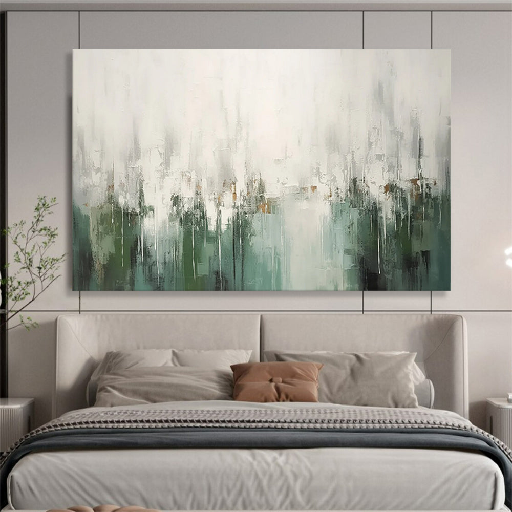Green Gray Abstract Painting with Ethereal Drip Effects THY324