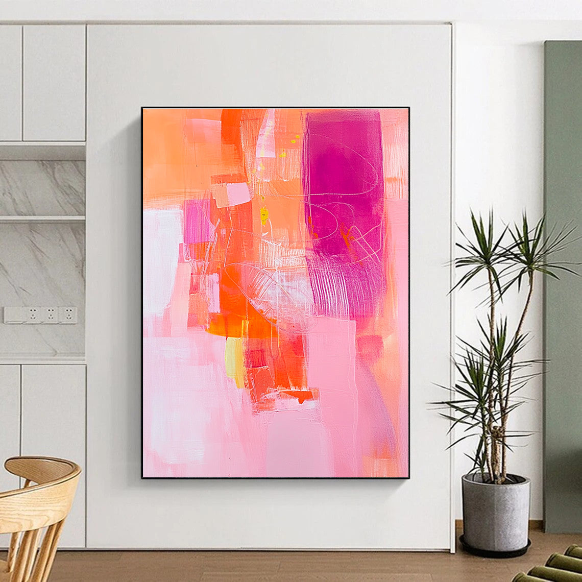 Vibrant Pink and Orange Abstract Painting with Dynamic Shapes GER254