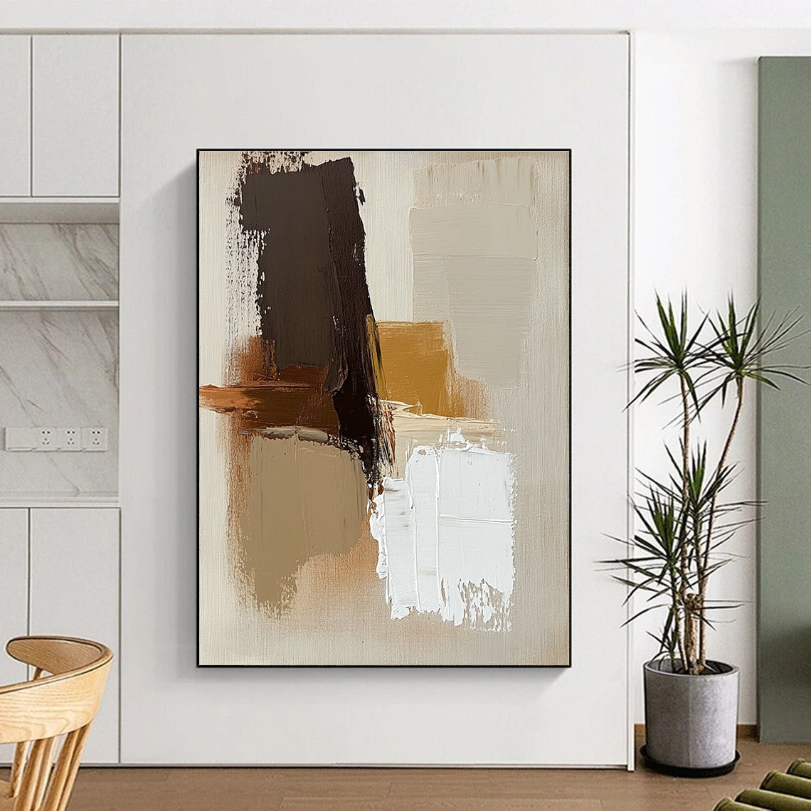 Large abstract painting with brown beige and white colors featuring thick brush strokes and simple shapes on a neutral beige background.STSC747