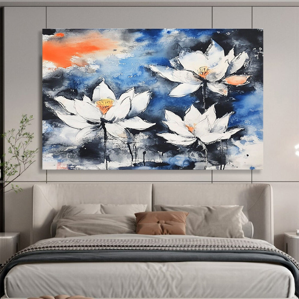 Ink - Wash Lotus Flowers Abstract Painting with Blue Black and White Tones DYP580