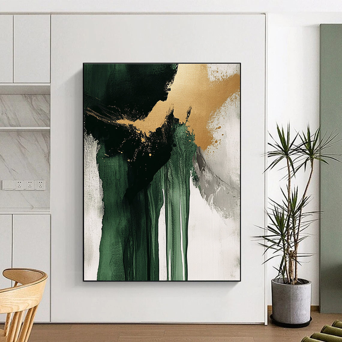 Green Gold Gray and White Abstract Painting with Dramatic Drips GER634