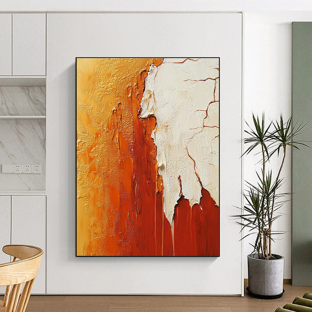 Large abstract painting featuring a red rock canyon in vibrant orange and white hues, showcasing intricate details and texture.STSC490
