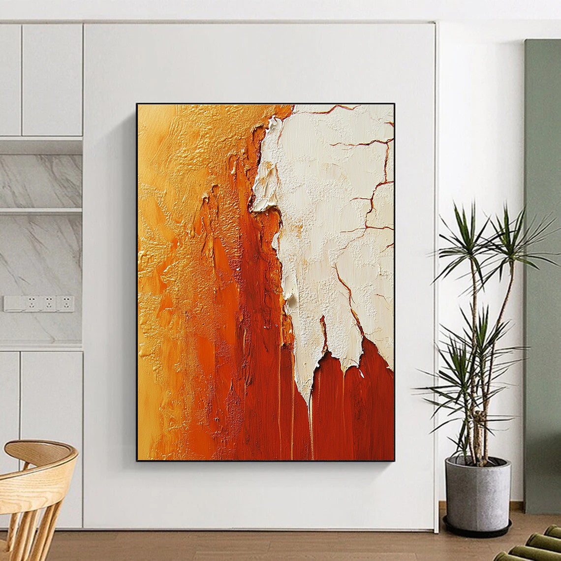 Large abstract painting featuring a red rock canyon in vibrant orange and white hues, showcasing intricate details and texture.STSC490