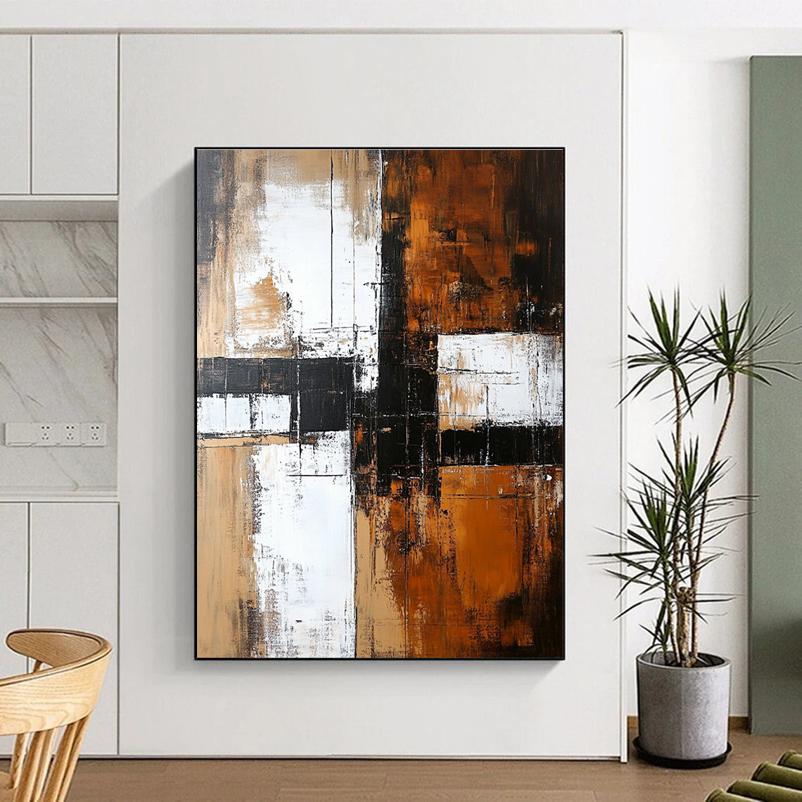 Brown White and Black Abstract Painting with Textured Layers GER672