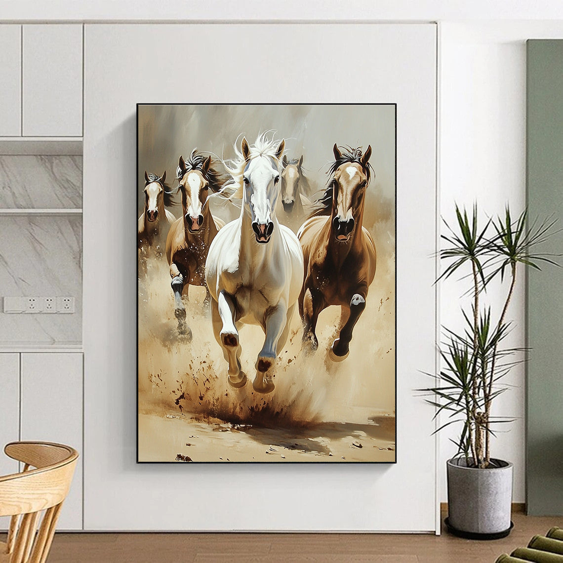 An abstract painting featuring horses in motion with dust clouds around them capturing the essence of speed and natural beauty in a simple landscape.STSC1013