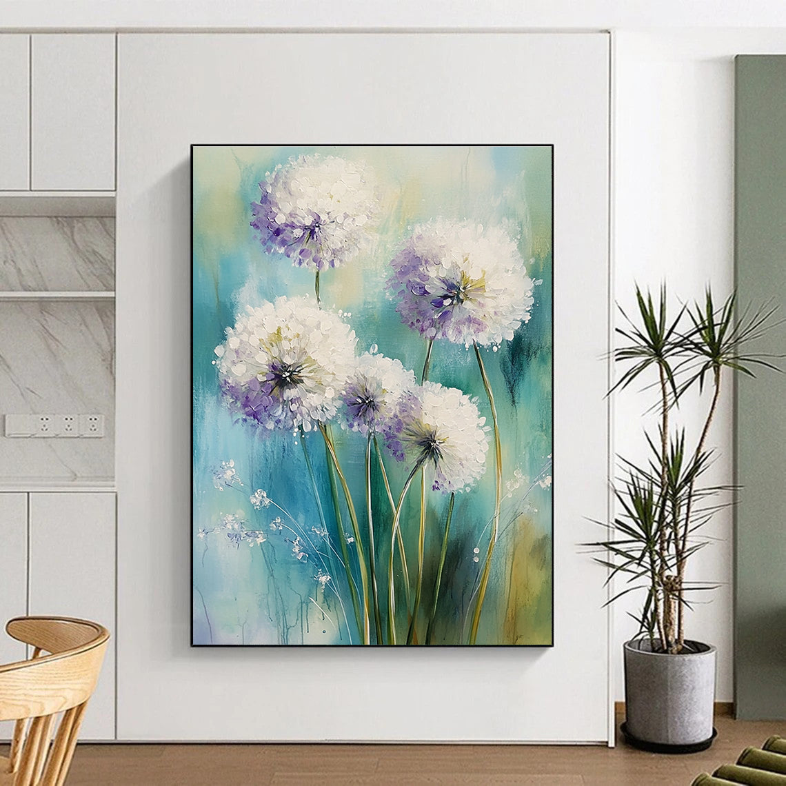 Abstract painting featuring white alliums with light purple accents on a soft greens and blues background, evoking a dreamy spring atmosphere.STSC1468