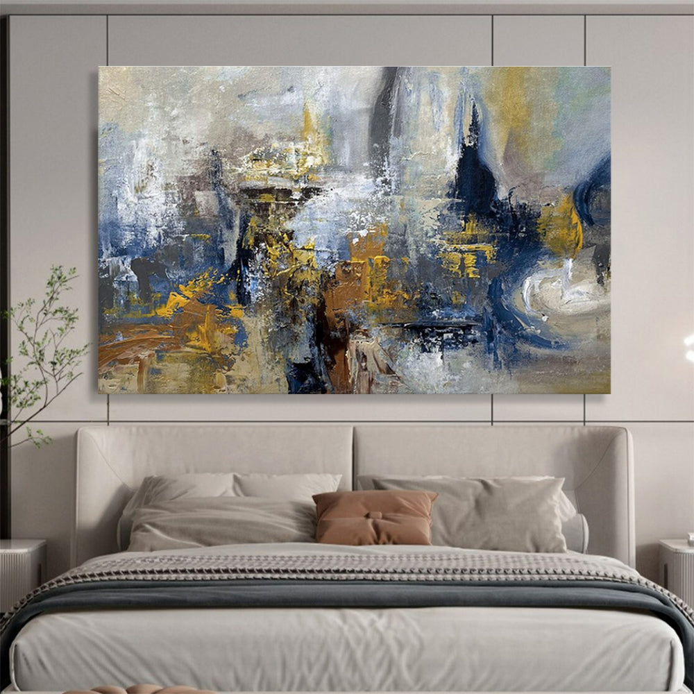 Blue Gray Gold Abstract Painting with Industrial Abstraction THY339