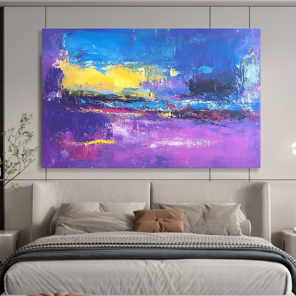 Large abstract painting depicting a violet and blue landscape inspired by Richard Diebenkorn's style.SC044