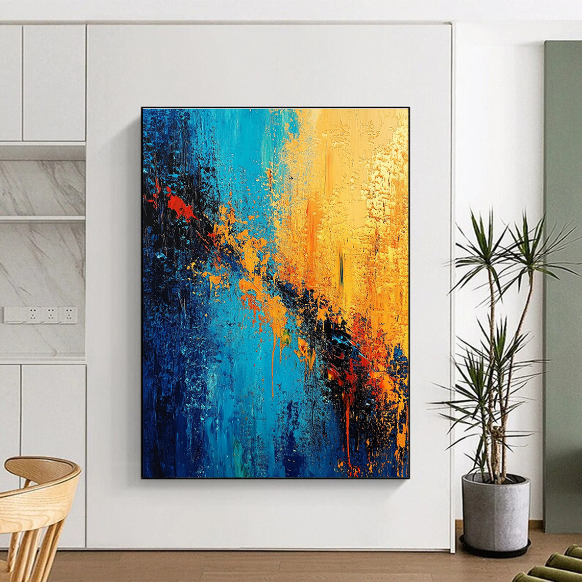 Blue and Orange Abstract Painting with Fiery Contrasts GER387