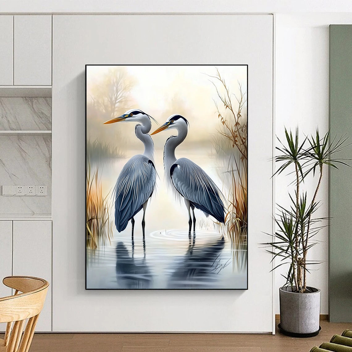 A large abstract painting featuring two herons in water with a misty swamp background in the style of Larry Elmore.STSC1450