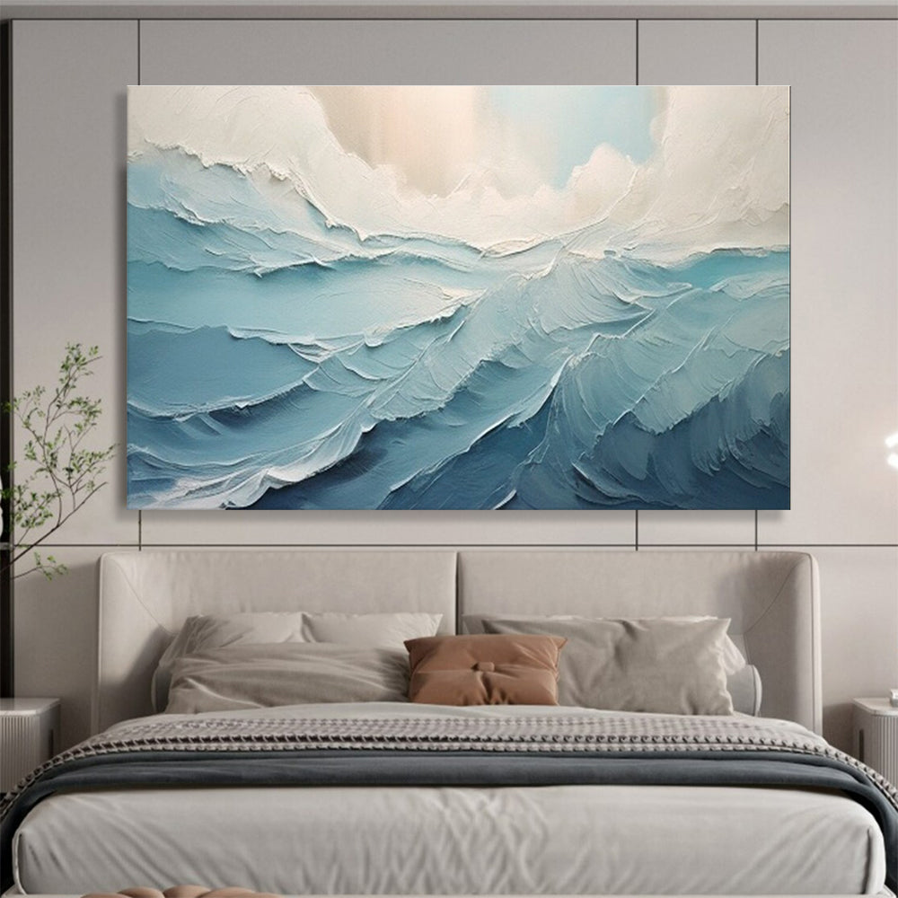 Textured Sea Waves Abstract Painting with Blue and White Tones THY227