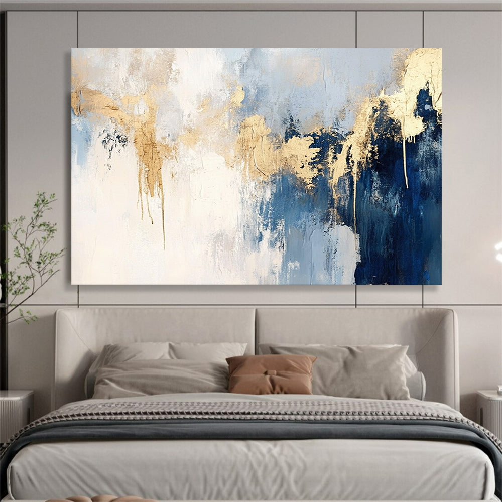 Blue and Gold Abstract Painting with Dripping Details DYP182