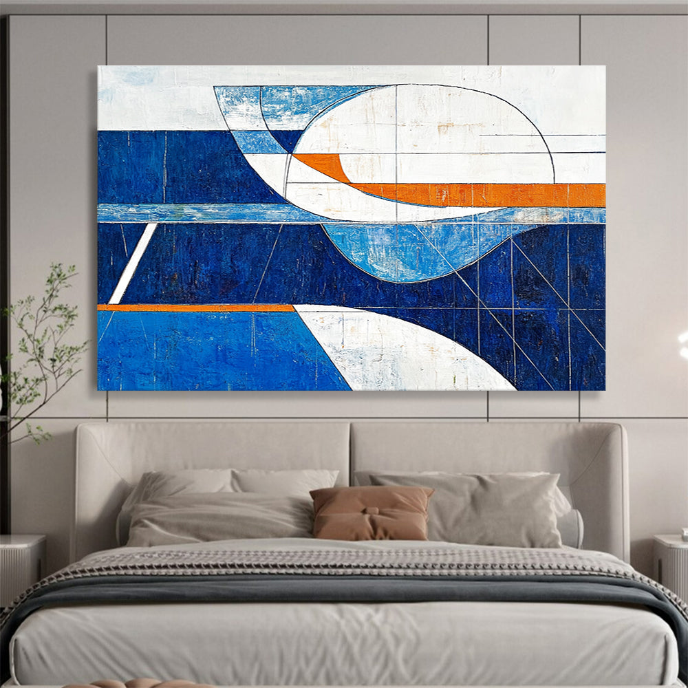 Geometric Blue Orange and White Abstract Painting with Clean Lines DYP190