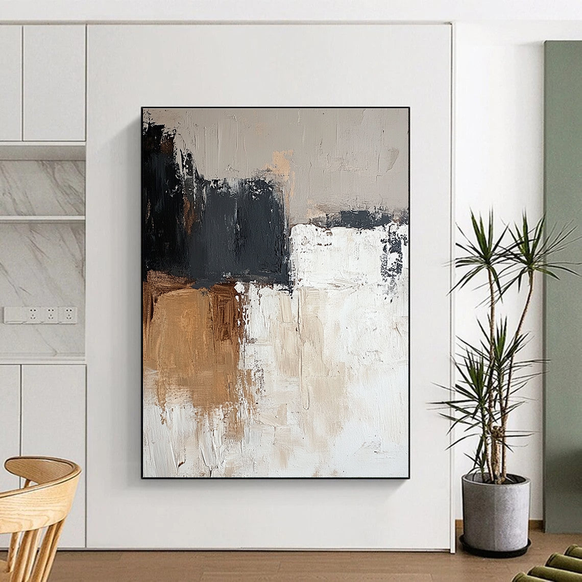 Brown Gray and White Abstract Painting with Textured Patches GER473