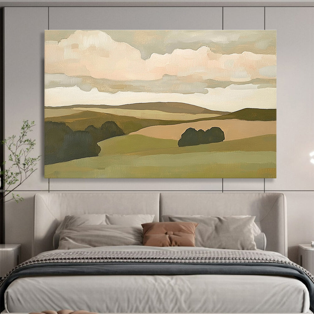 Minimalist Hill Landscape Abstract Painting with Green and Beige Tones DYP563