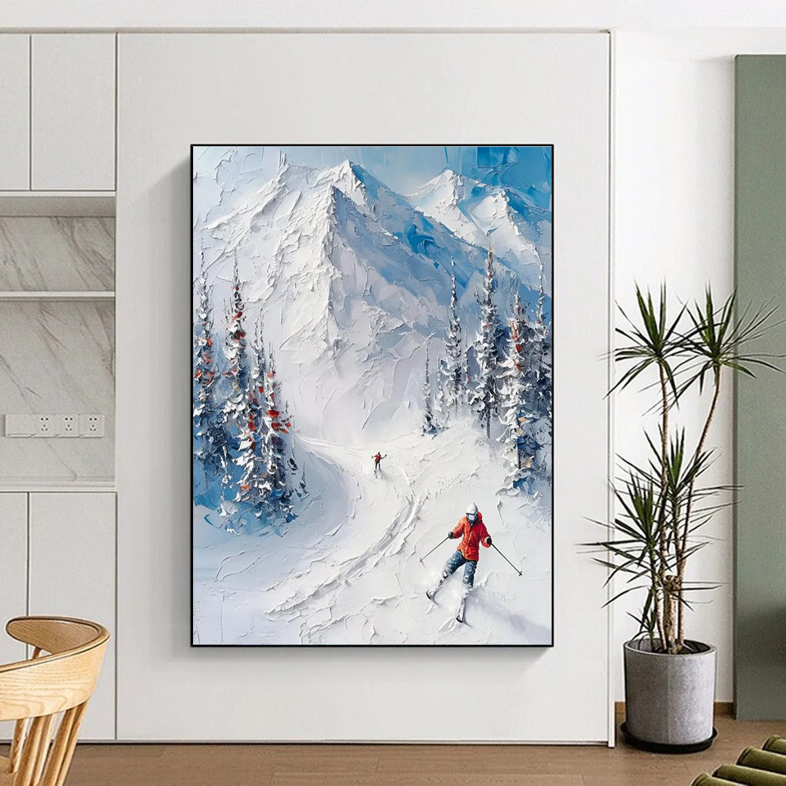 Textured Snow Mountain Ski Scene Abstract Painting with Blue and White ADGE313