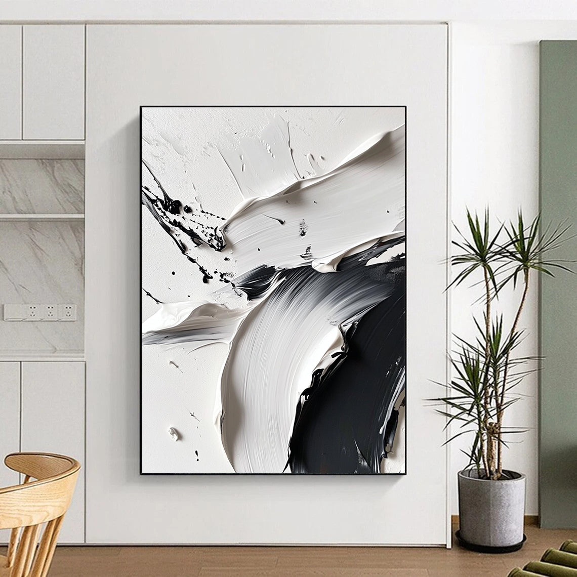 Black White Abstract Painting with Dynamic Textures GER739