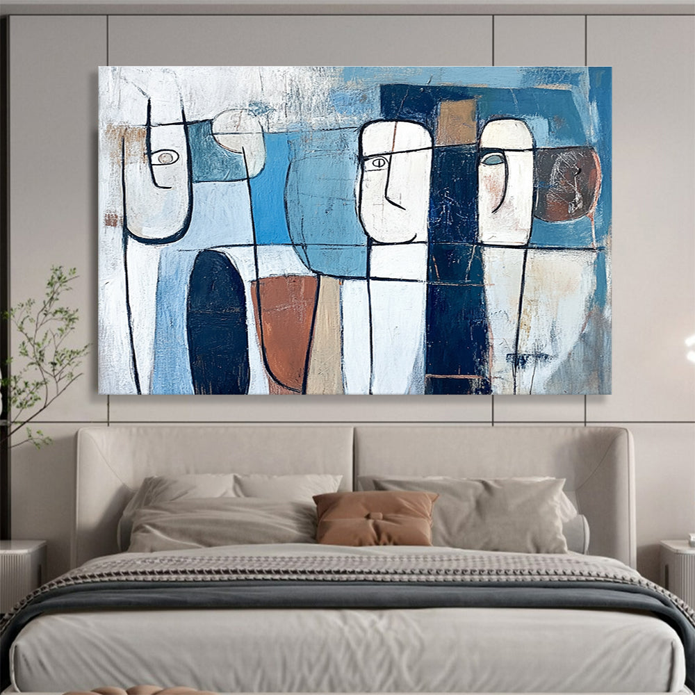 Geometric Faces Abstract Painting with Blue and Earthy Tones DYP348