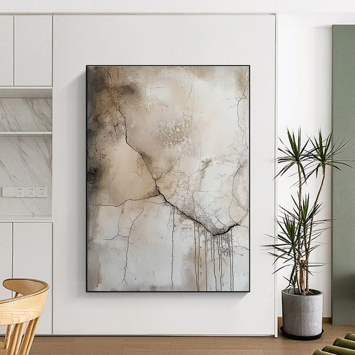 Beige and Gray Abstract Painting with Dramatic Cracks GER565
