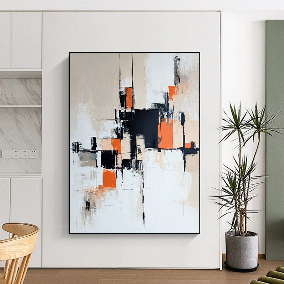 Orange and Black Abstract Painting with Geometric Forms GER457