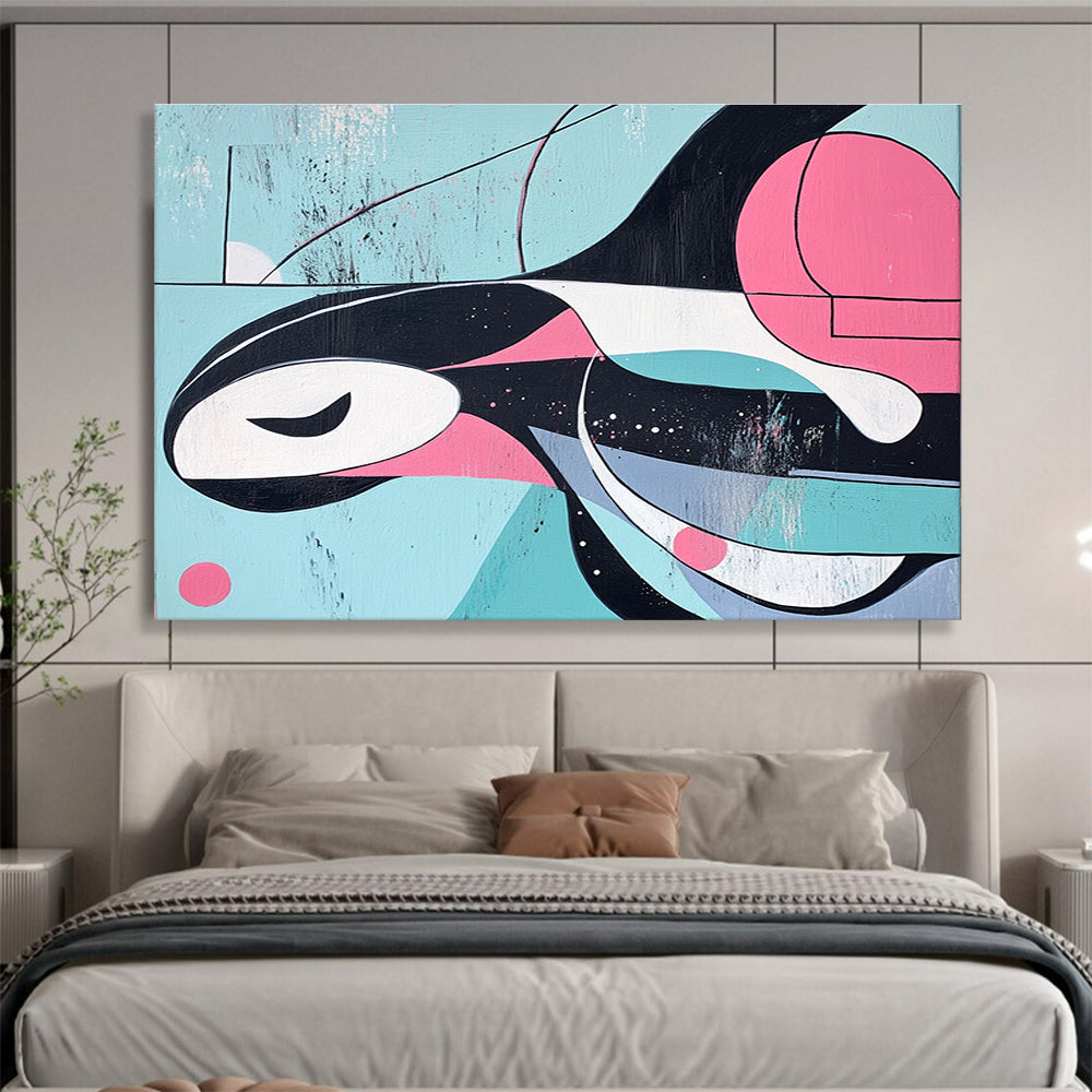 Large abstract painting of an orca featuring lines and shapes inspired by Kandinsky in a pink blue and grey color paletteSC167
